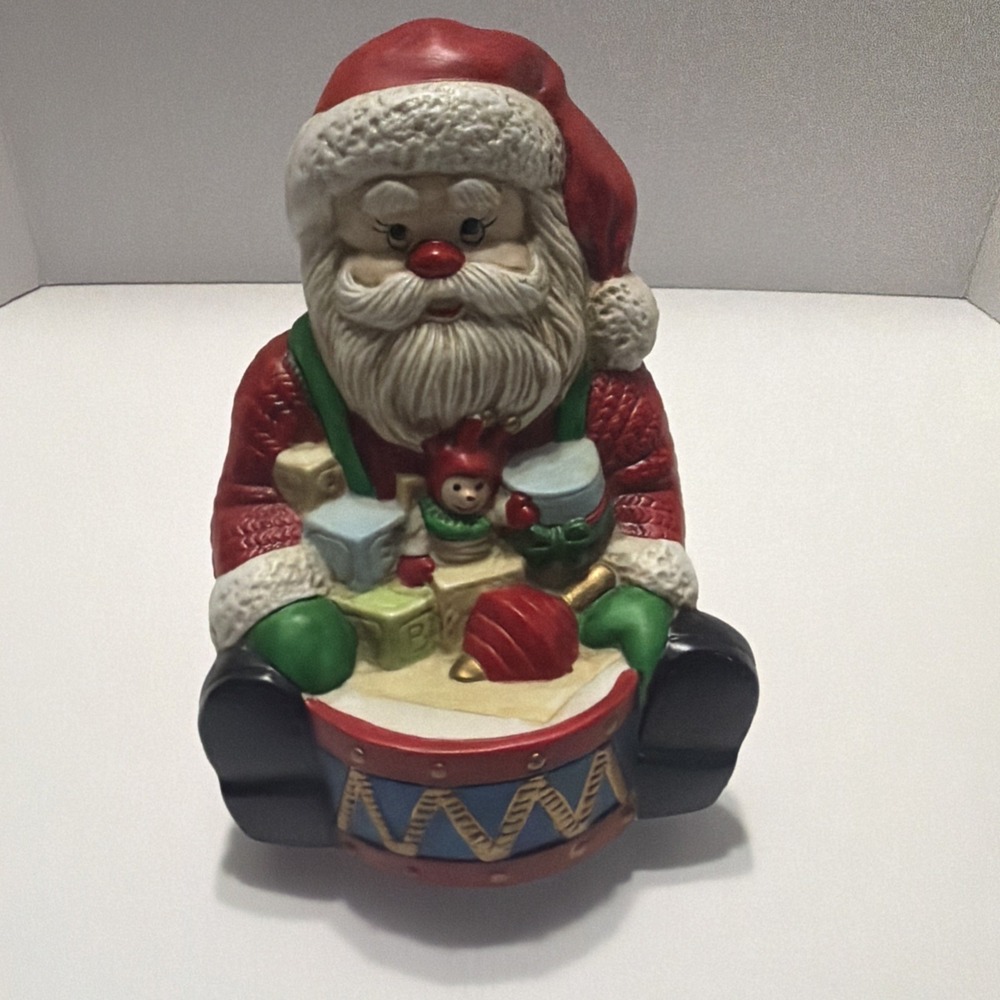 Vintage Santa Claus Musical Figurine Seated with Drum and Toys Holiday Decor